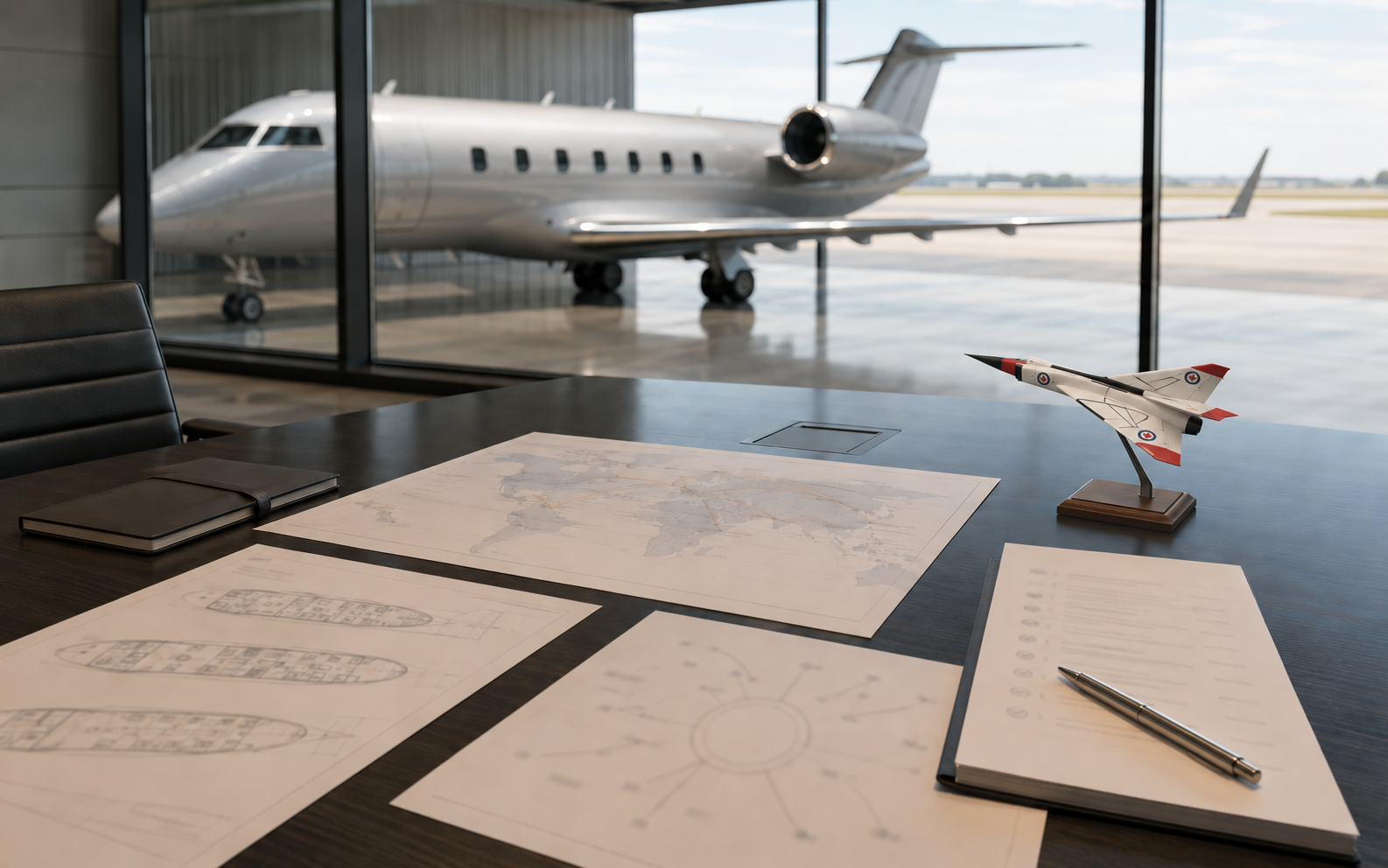 Representative business-aircraft acquisition planning with an Avro Arrow display model on the desk