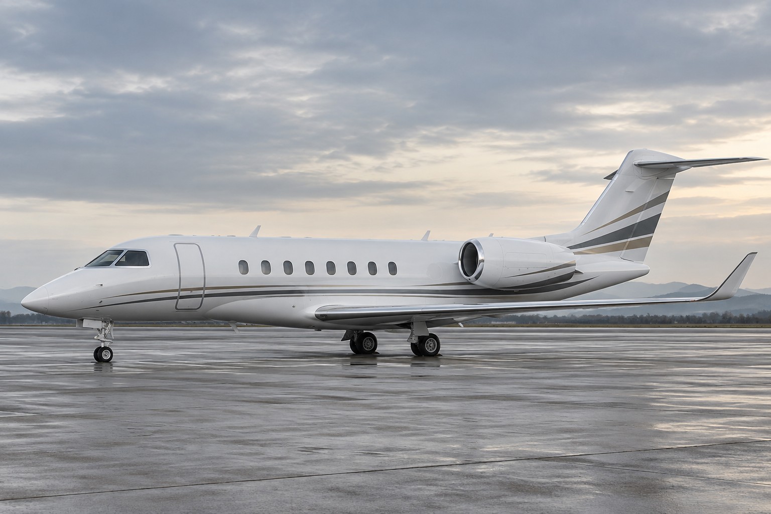 Illustrative complete business aircraft outdoors