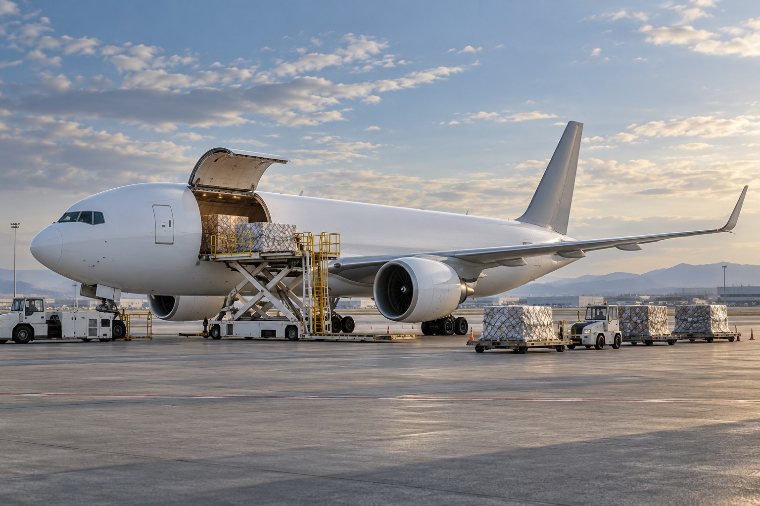 Illustrative freighter aircraft with cargo loading equipment