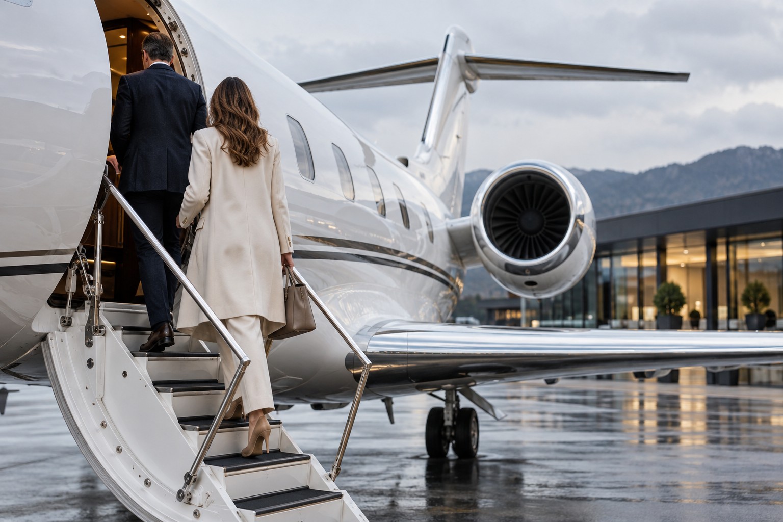 Illustrative travellers boarding a business aircraft at a private terminal