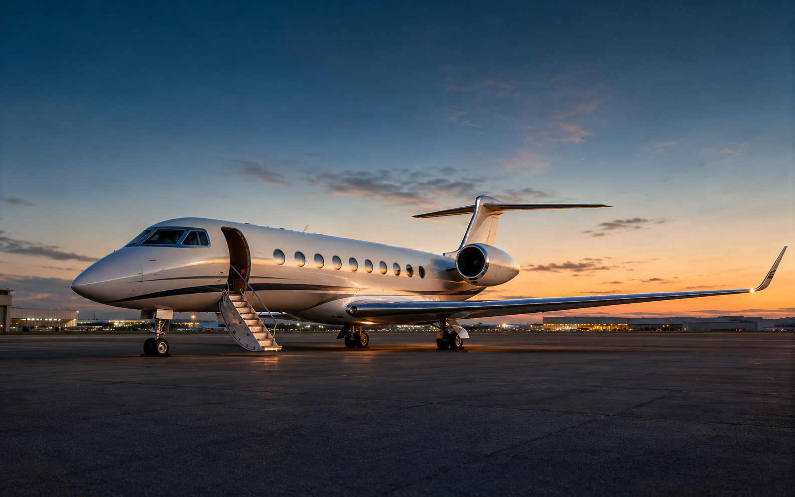 Representative long-range business aircraft at a private terminal