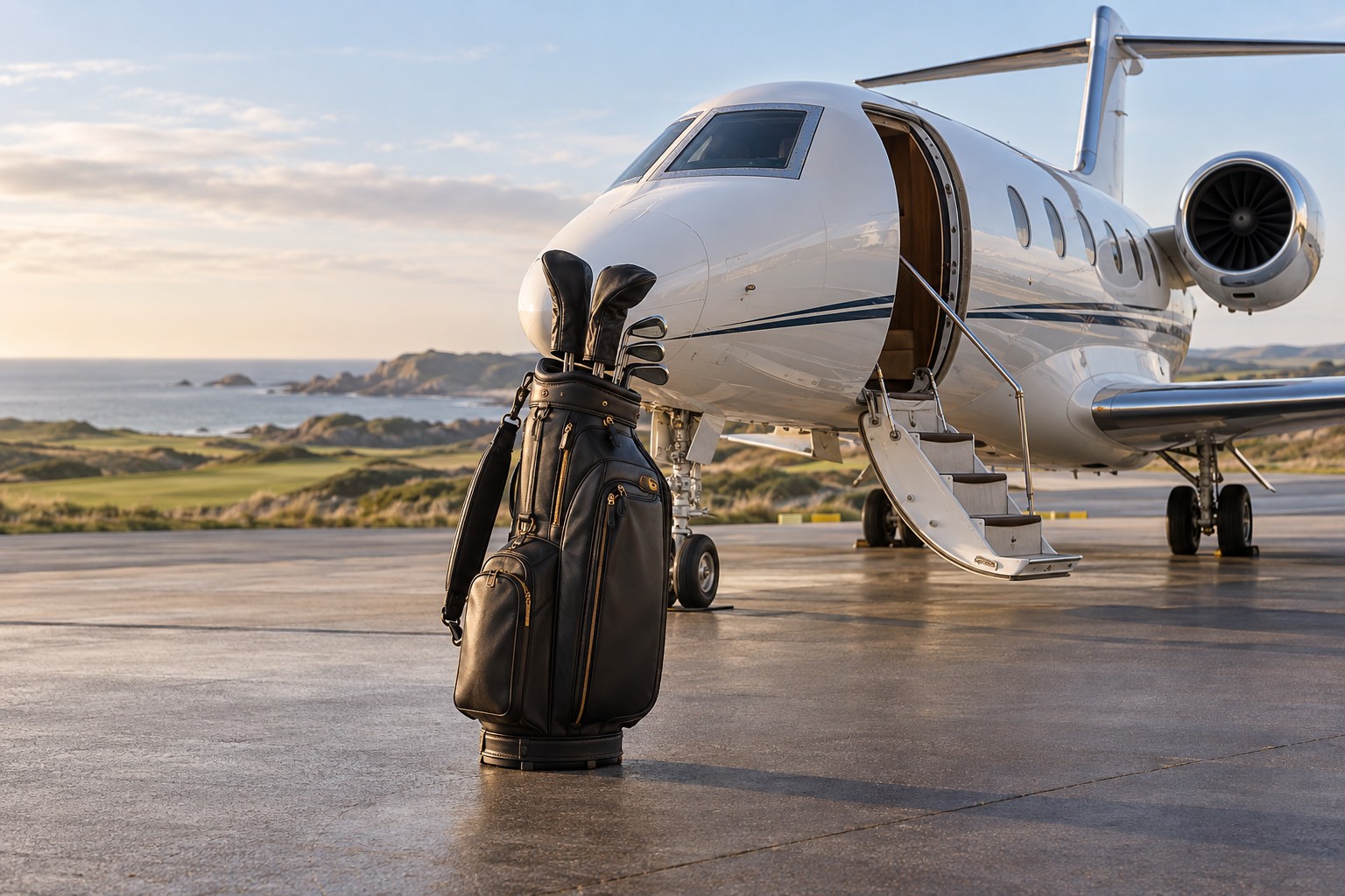 Illustrative golf equipment beside a private business aircraft