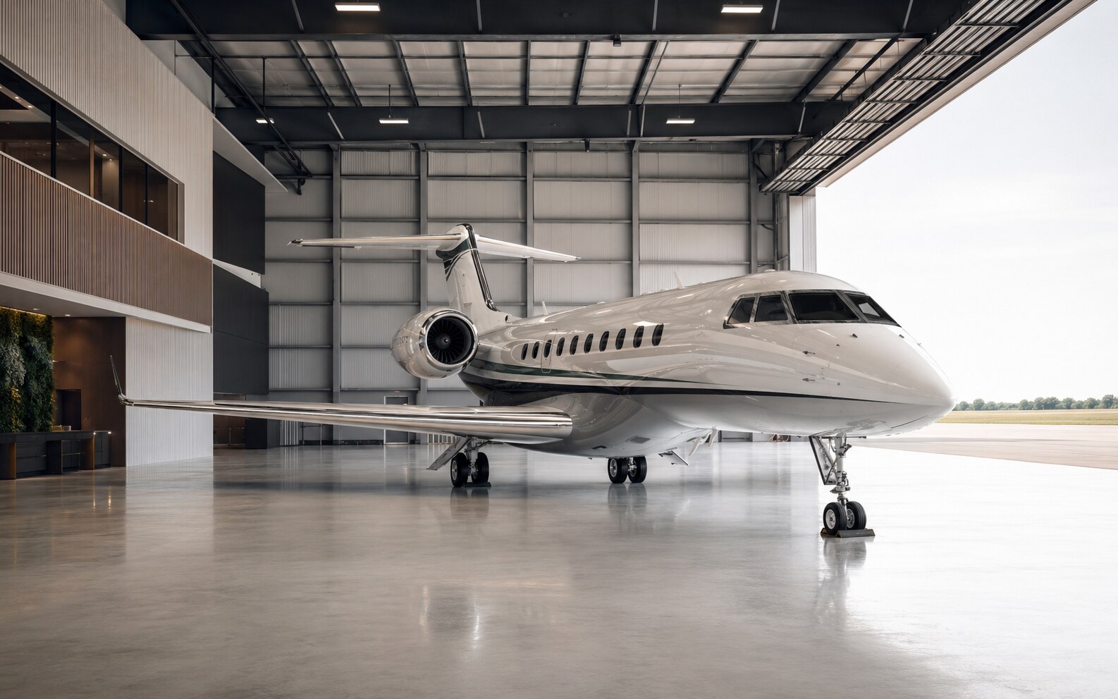 Representative long-range business aircraft in a premium hangar