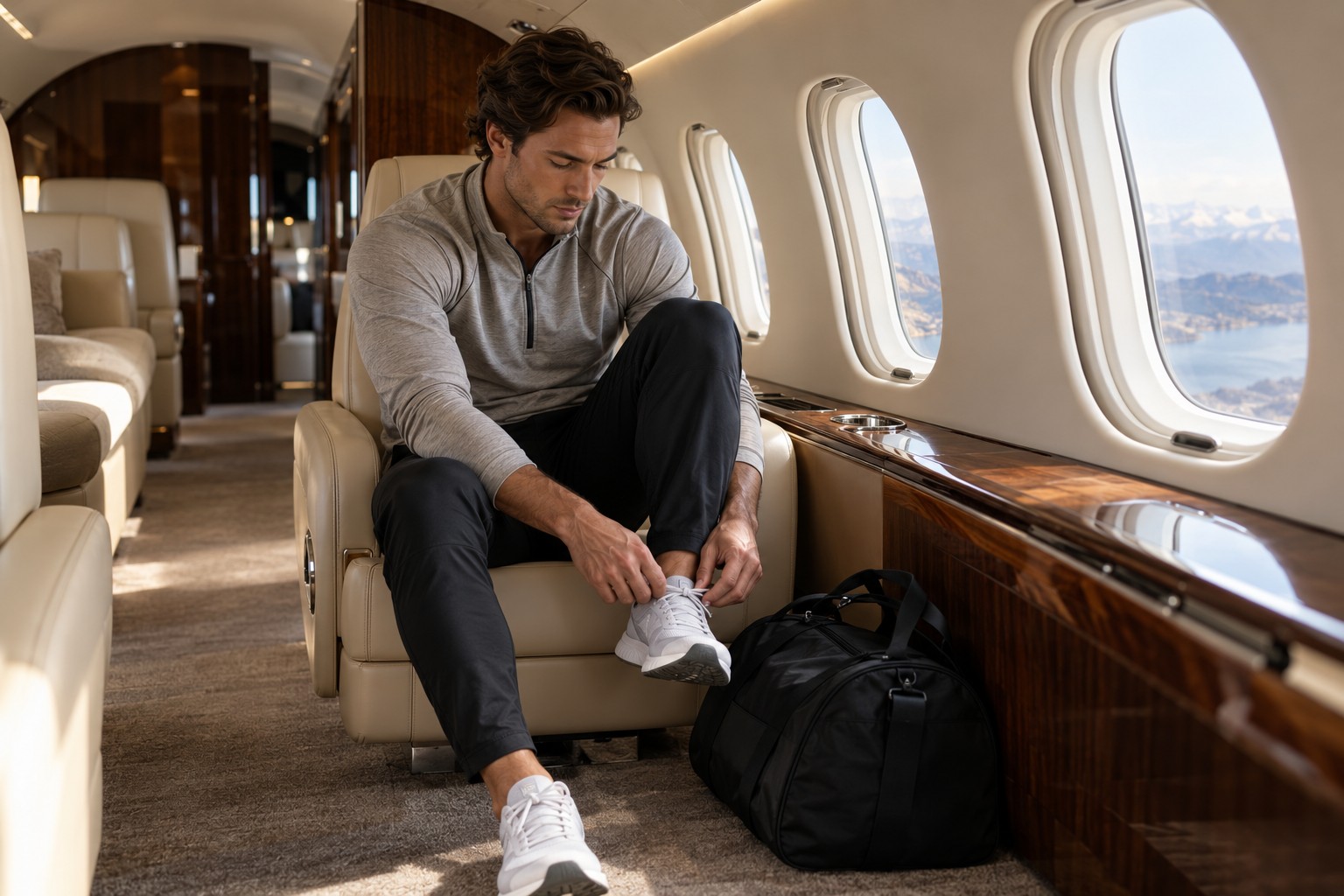 Illustrative athlete preparing for travel in a business aircraft cabin