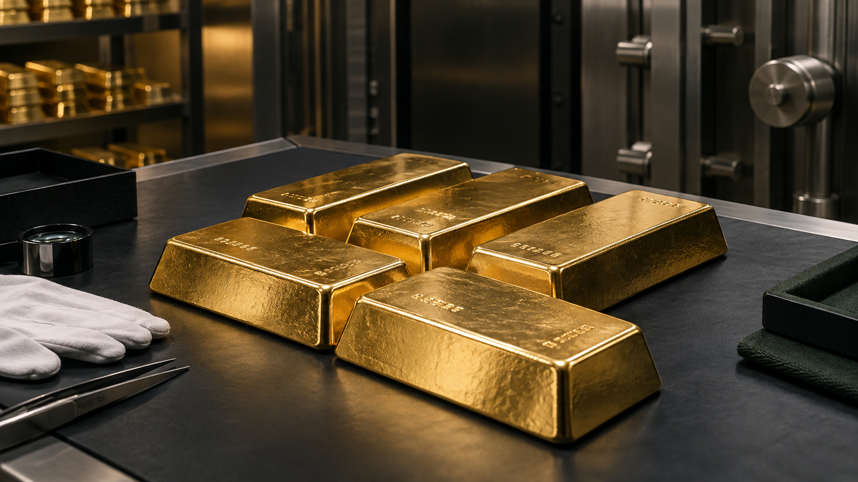 Representative refined gold bullion bars in a secure professional custody environment