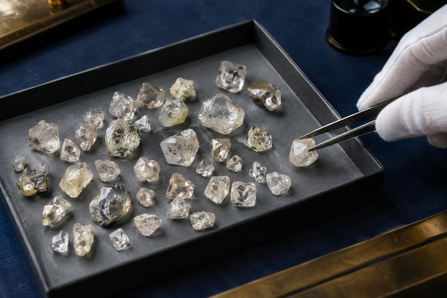 Representative natural rough diamond parcel under controlled gemological inspection